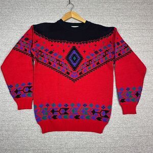 Vtg Ossi Sz M‎ Ski Sweater Red Fair Isle Aztec Wool Blend Southwest Oversized